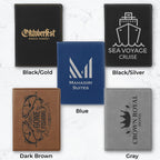 Five personalized leather passport holders in different colors with engraved designs and text.