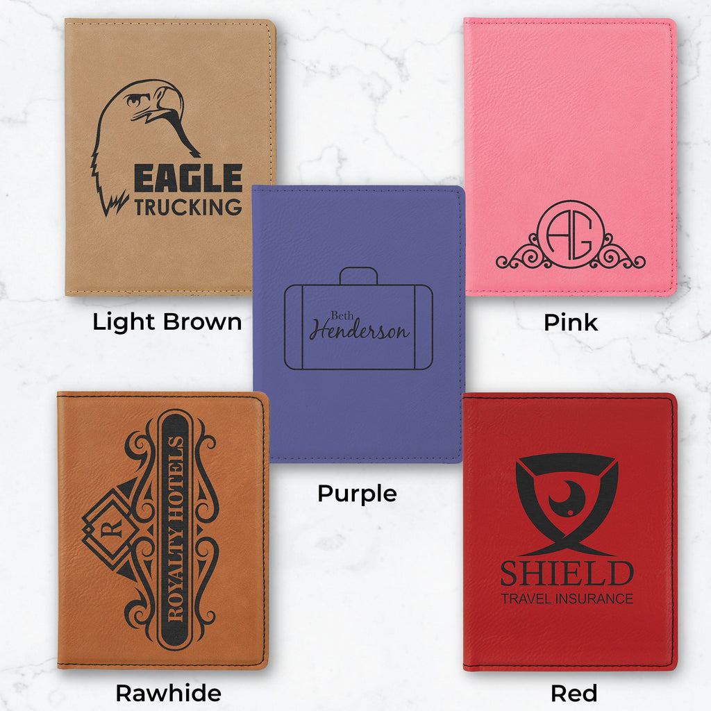 Five personalized leather passport holders in different colors with engraved designs and text.