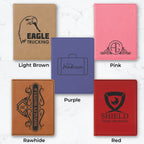 Five personalized leather passport holders in different colors with engraved designs and text.