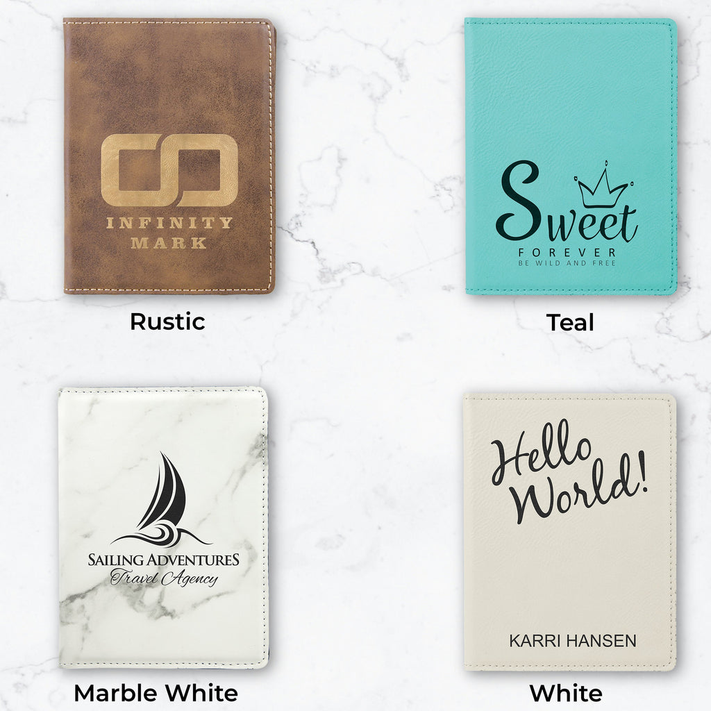 Four personalized leather passport holders in different colors with engraved designs and text.