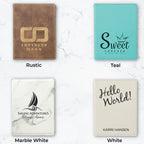 Four personalized leather passport holders in different colors with engraved designs and text.