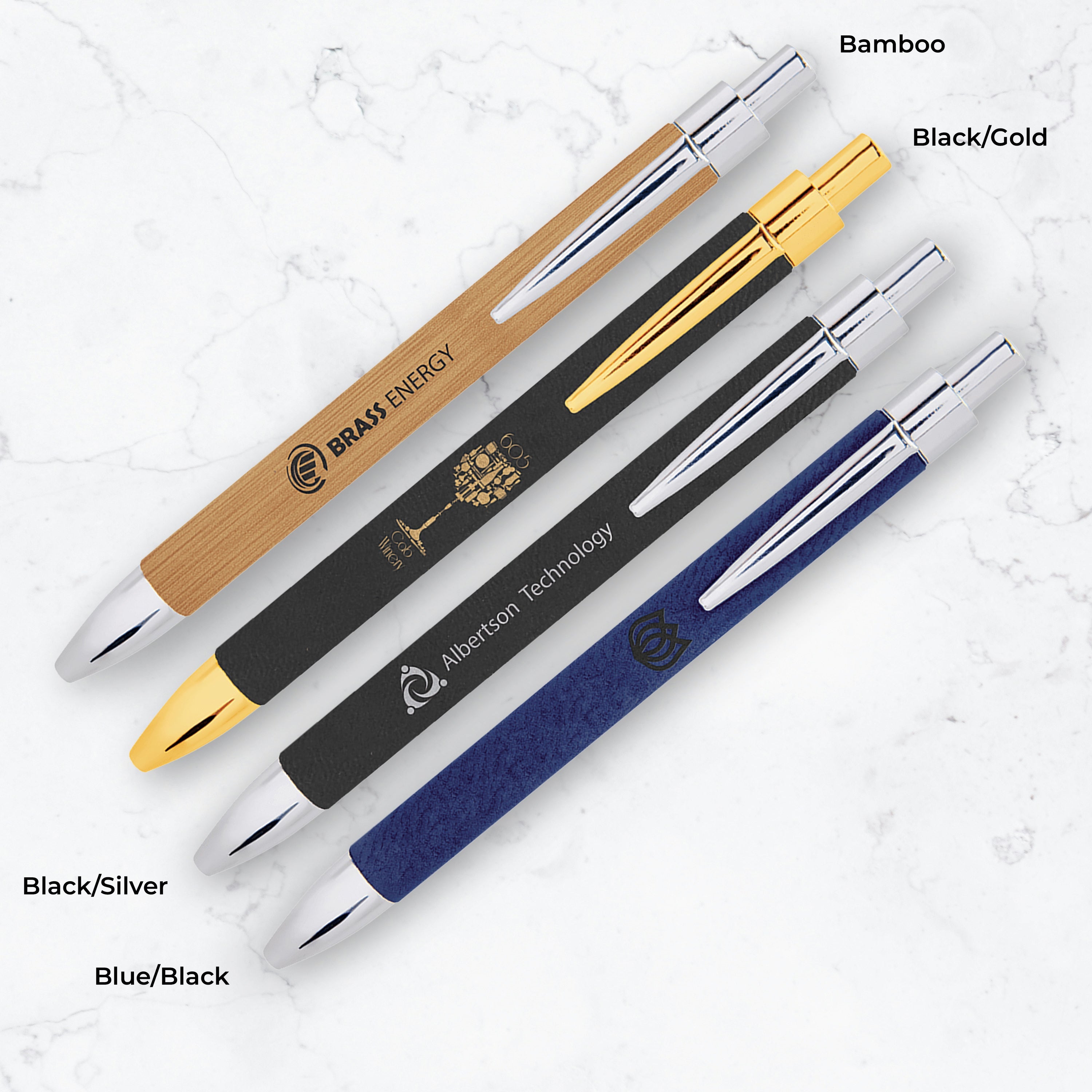 Set of pens with different color combinations and branding on a light background