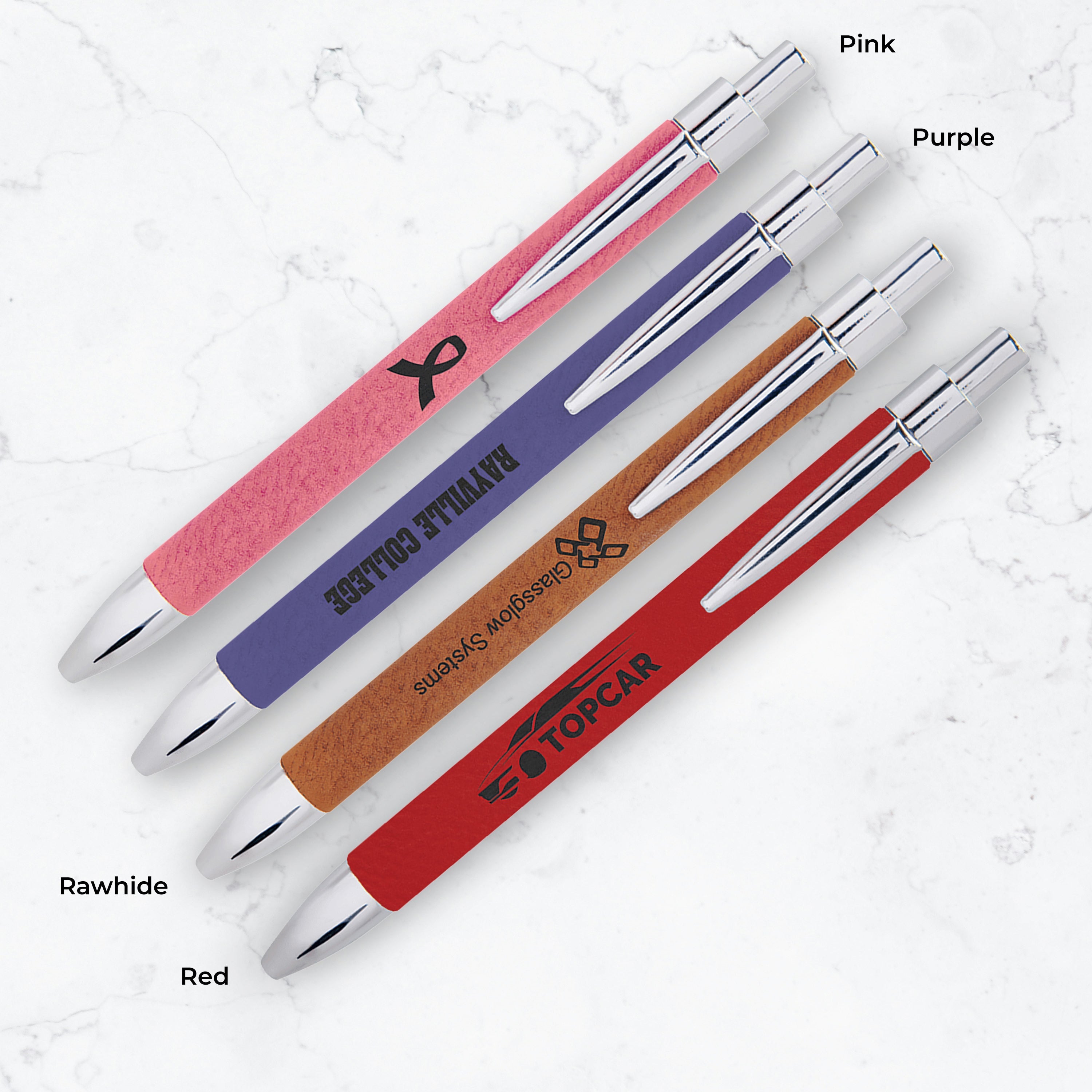 Four pens with different colored bodies and topcar branding on a light gray background