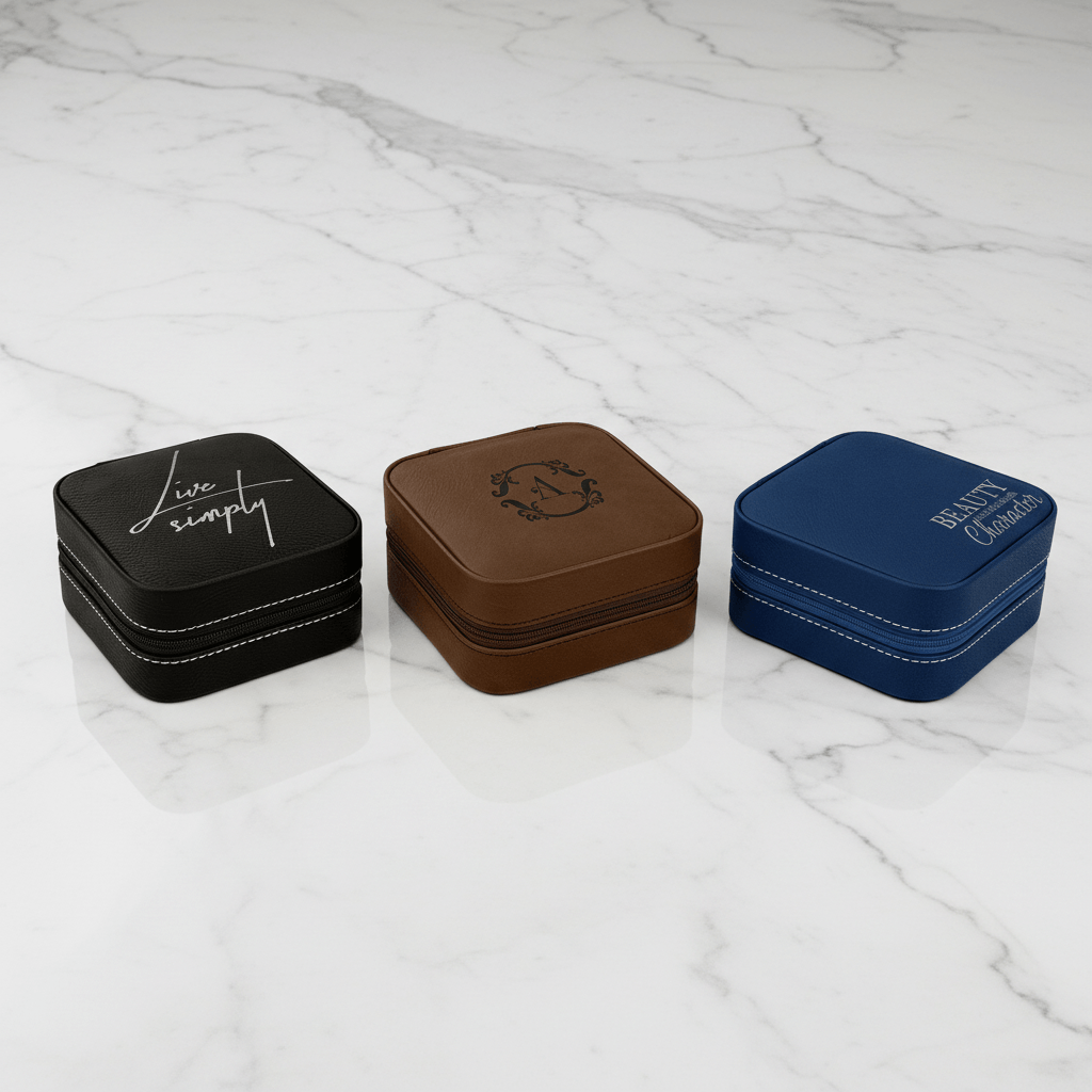 Three square jewelry boxes in black, brown, and blue on a marble surface.