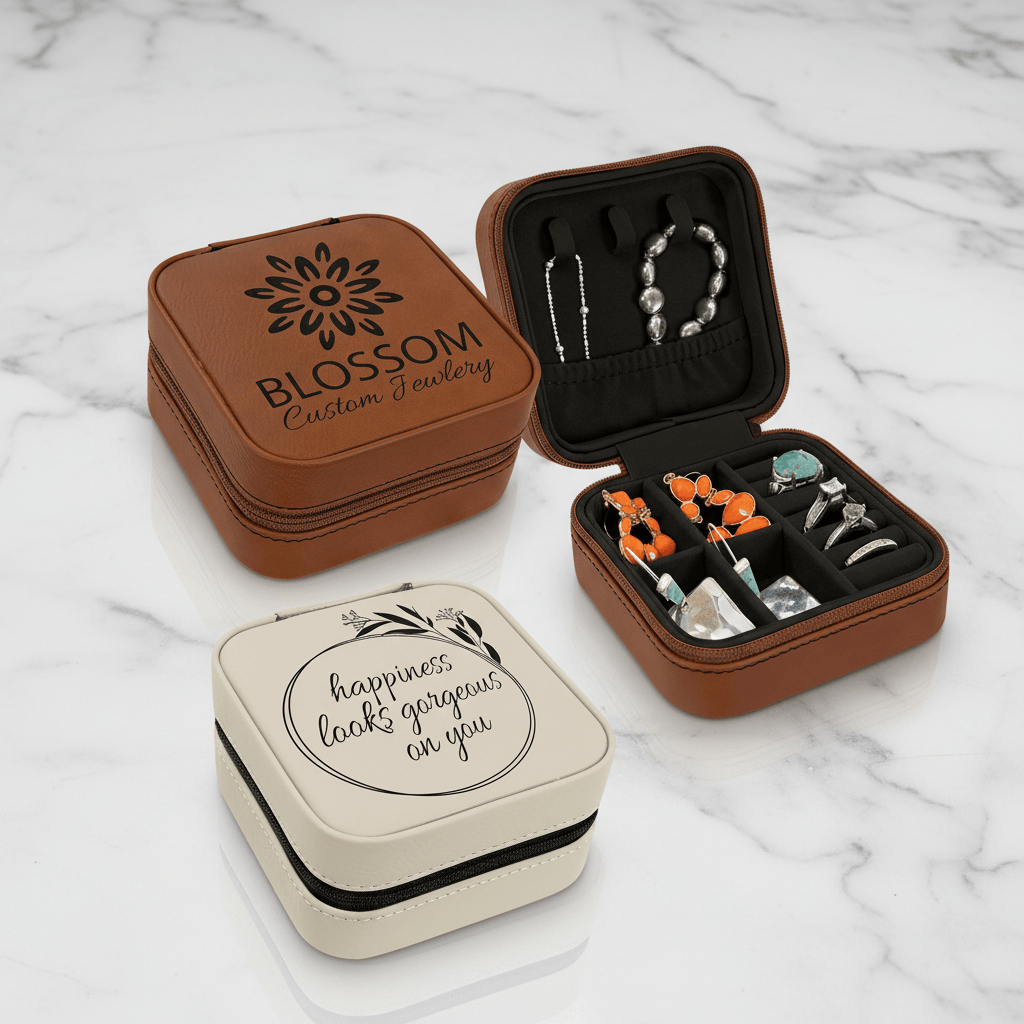 Jewelry box with 'Blossom Custom Jewelry' branding on a marble surface