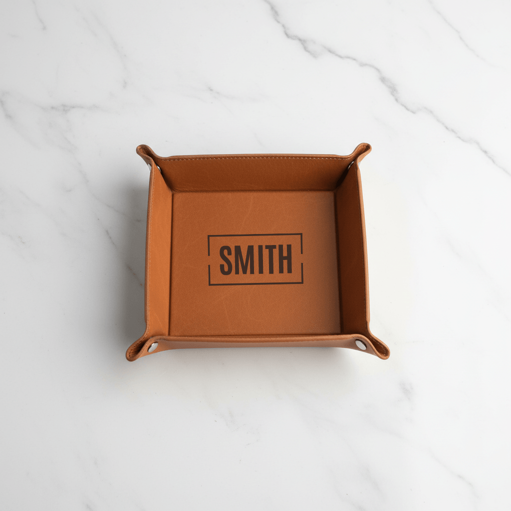 Brown leather tray with 'SMITH' engraving on a marble surface