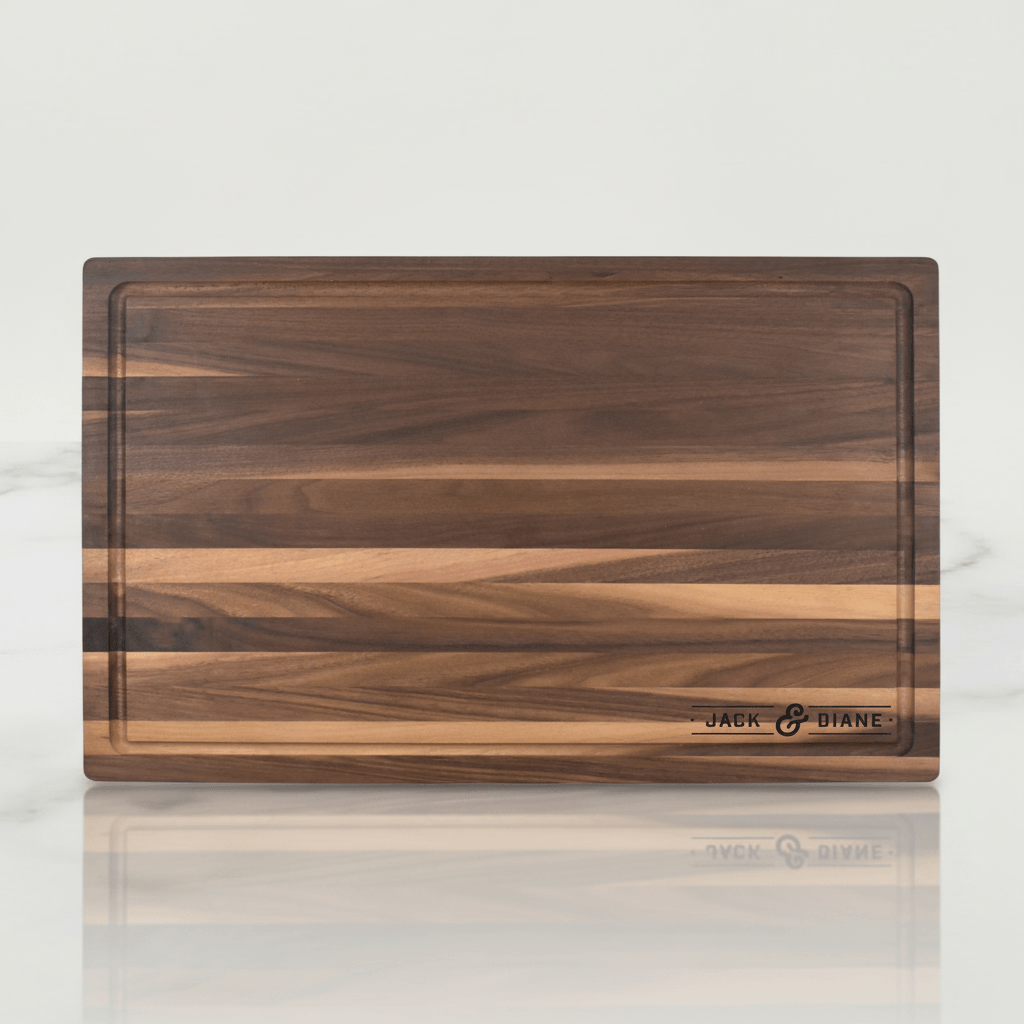 Wooden cutting board with a visible brand logo on a white background