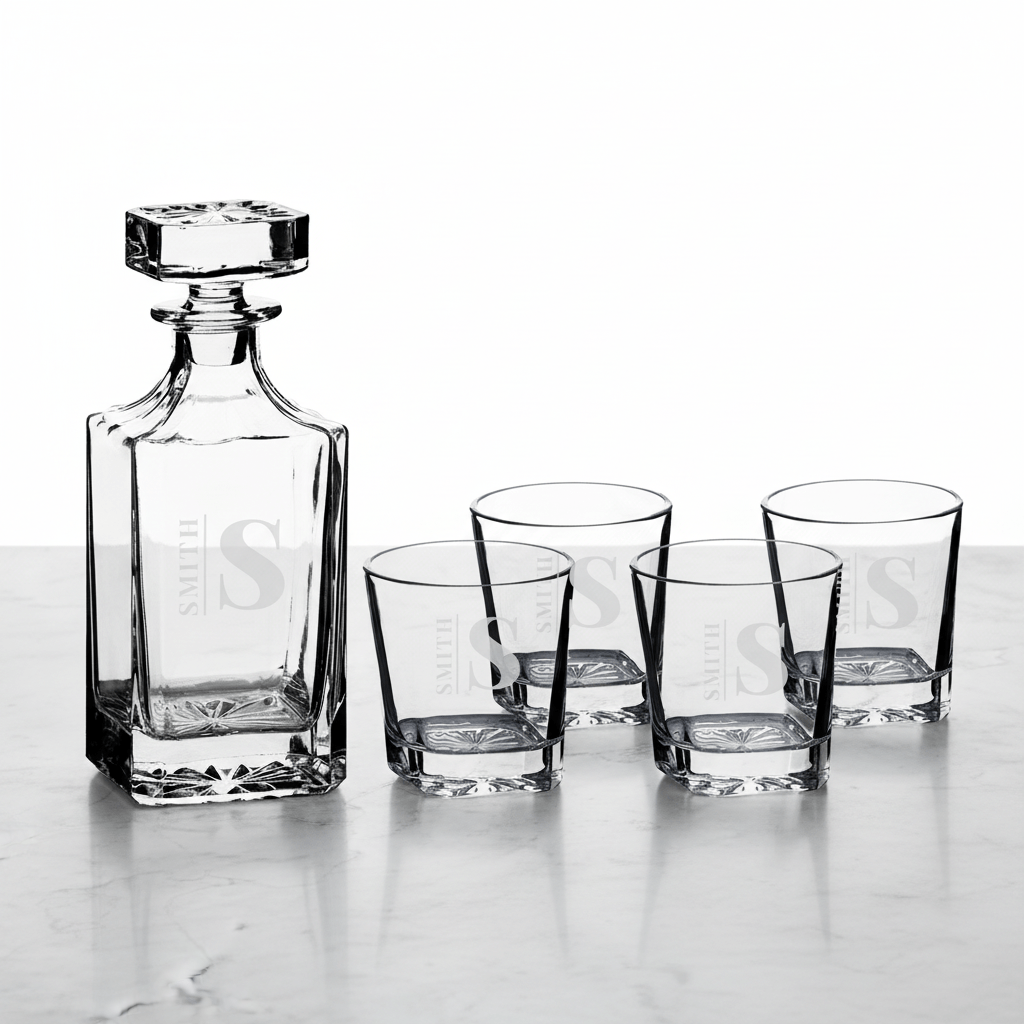 Whiskey decanter and glasses on a marble surface