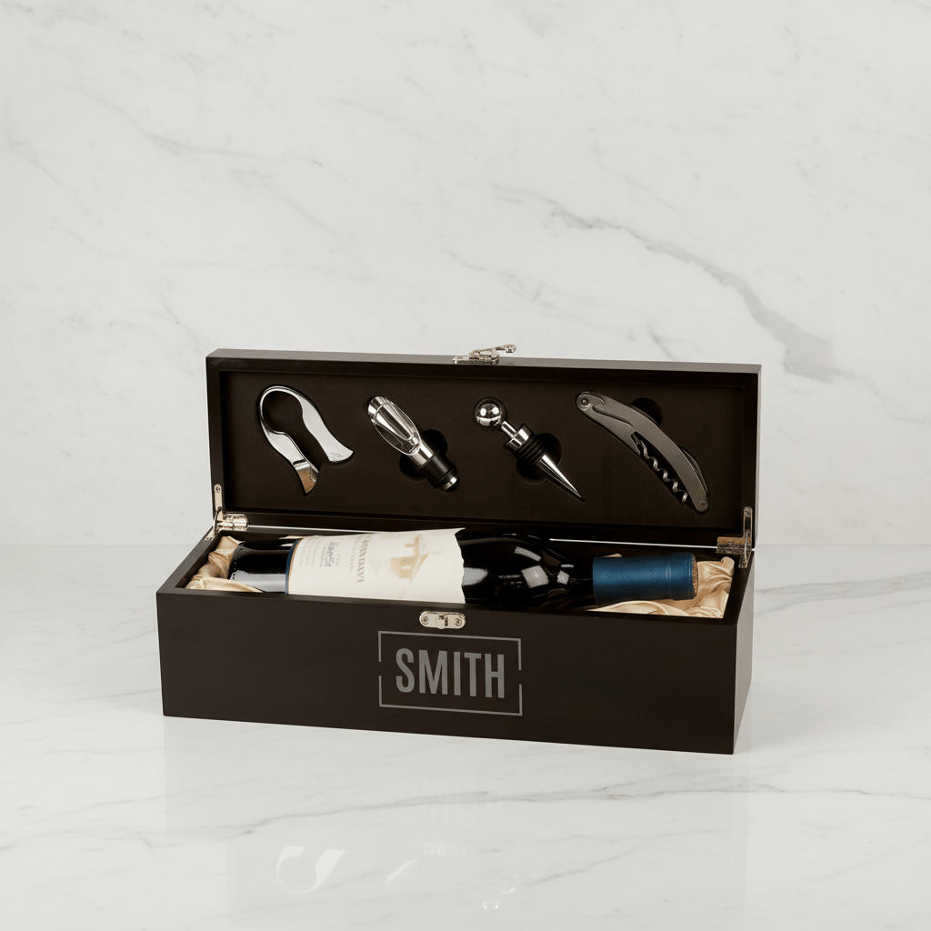 Wine bottle and accessories in a black box with 'SMITH' branding on a white marble background