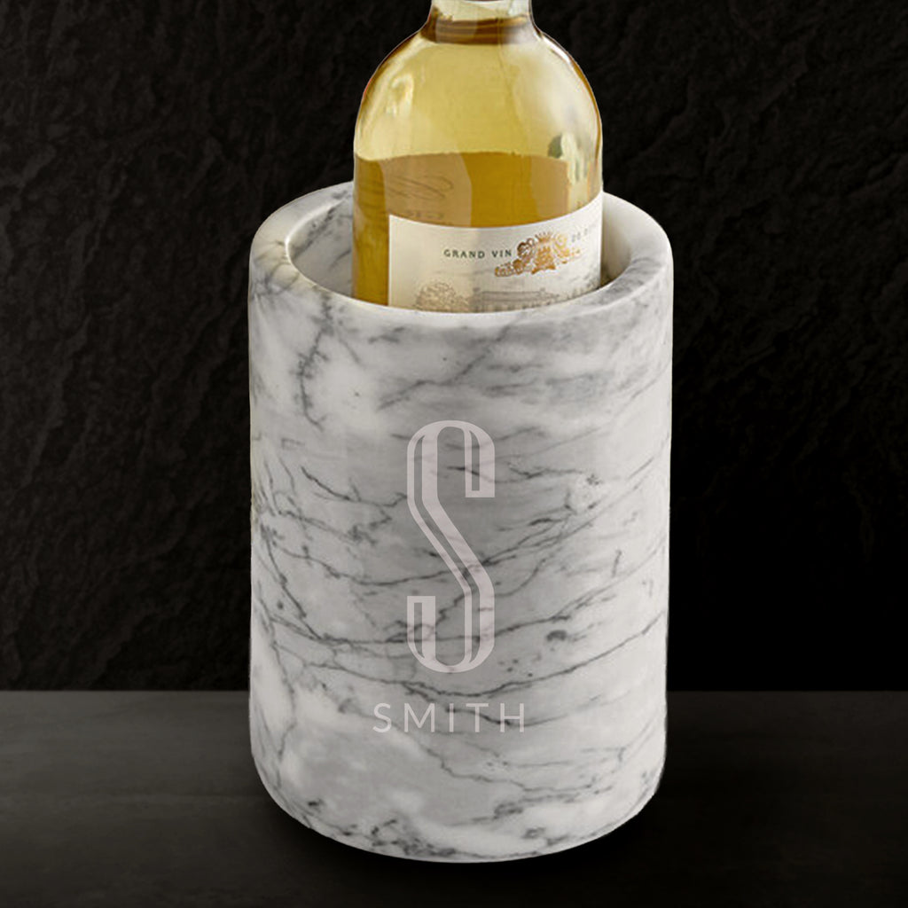 Marble-textured wine cooler with a bottle of wine inside, branded 'S Smith'.